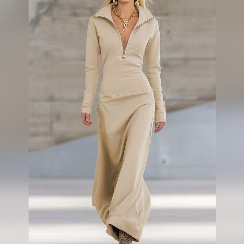Beige Half Zip Maxi Dress
